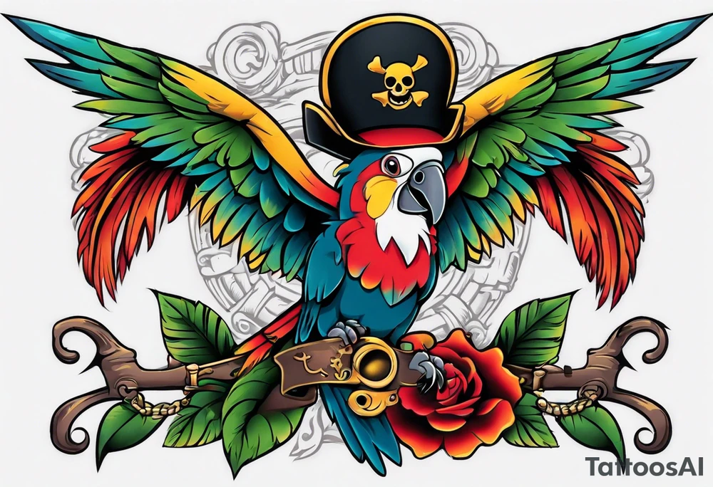 a chest tattoo of a traditionally colored parrot with a pirate hat tattoo idea