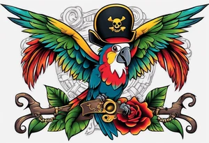 a chest tattoo of a traditionally colored parrot with a pirate hat tattoo idea