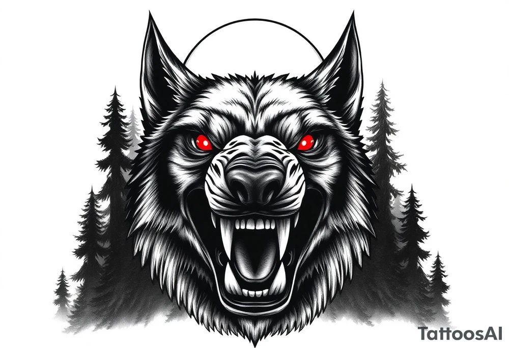 Detailed werewolf muzzle, bared teeth, glowing red eyes, crescent moon behind, dark forest background. tattoo idea