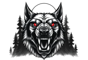 Detailed werewolf muzzle, bared teeth, glowing red eyes, crescent moon behind, dark forest background. tattoo idea
