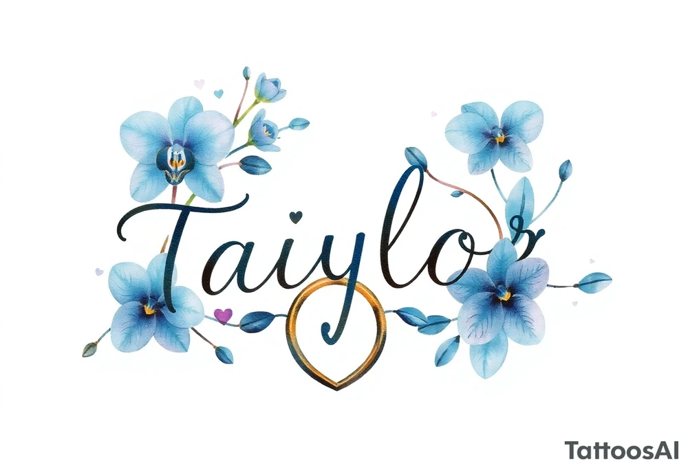 Taiylor spelled going down in a line with a ring as the “o” with hearts and blue orchid flowers tattoo idea