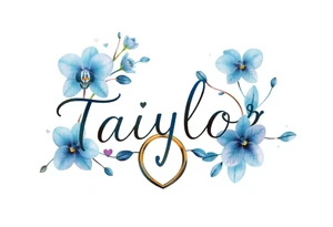 Taiylor spelled going down in a line with a ring as the “o” with hearts and blue orchid flowers tattoo idea