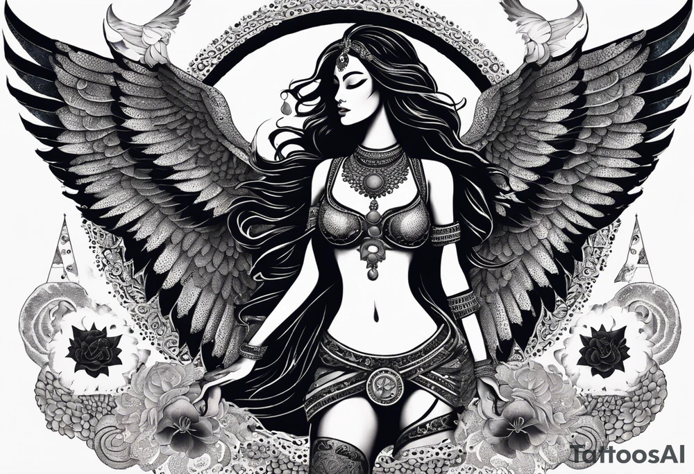 black kali, goddess pirate, alien, angel, pachamama, valkrye, warrior, flying, skull, lotus azul, wing, eagle, zenza resonance, stars, 5D, anahata chakra, death, durga, riding on a tiger, flying lady, kundalini, chest tatoo, samuri, rebel, serpent tattoo idea