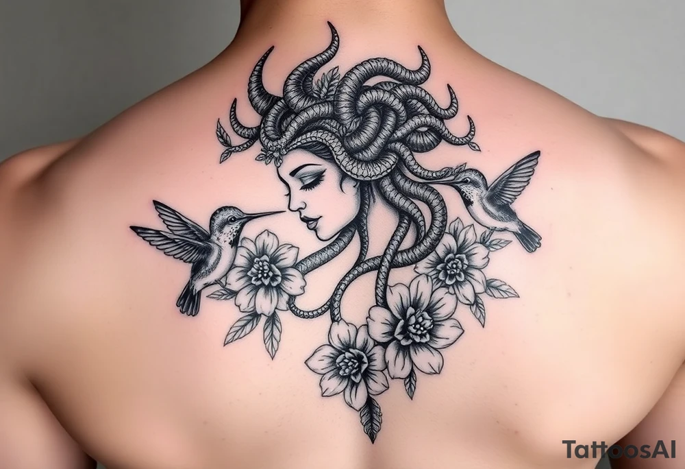 feminine medusa surrounded by hummingbirds and flowers tattoo idea