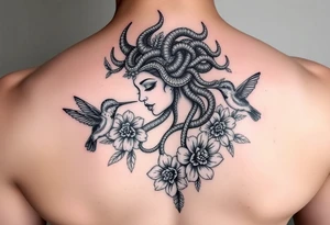 feminine medusa surrounded by hummingbirds and flowers tattoo idea