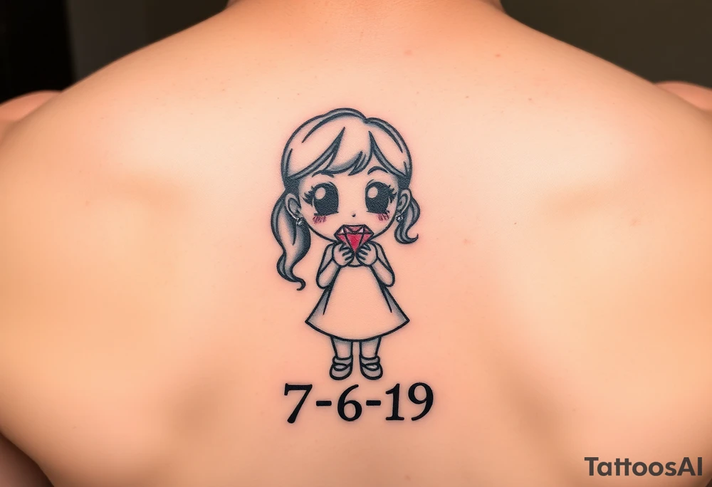 Cartoon style Ruby gem stone being held by a little girl  with 7-6-19 underneath tattoo idea