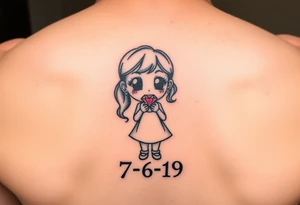 Cartoon style Ruby gem stone being held by a little girl  with 7-6-19 underneath tattoo idea