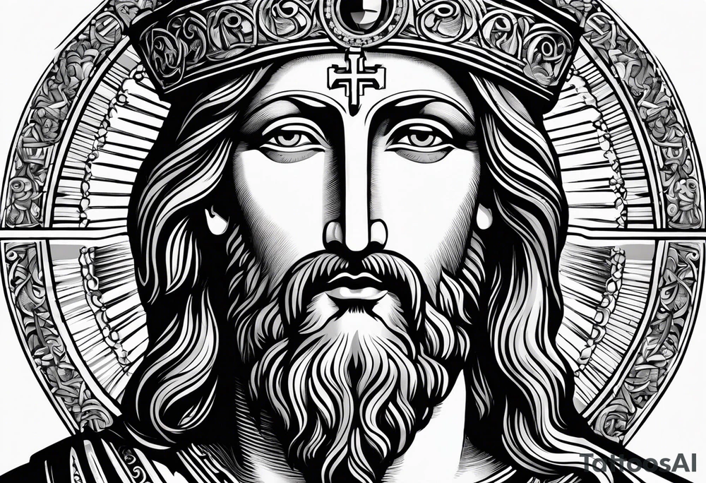 haloed head of a flat stern Byzantine Christ with all-demanding eyes. tattoo idea