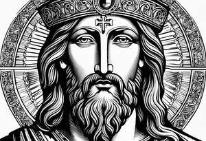 haloed head of a flat stern Byzantine Christ with all-demanding eyes. tattoo idea