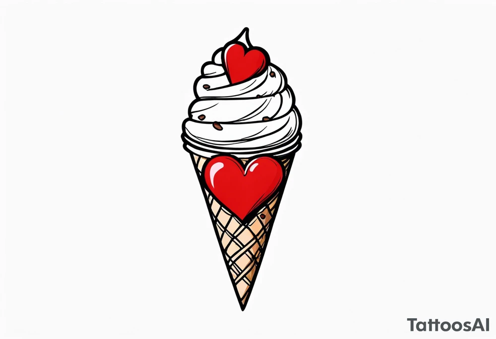 sketch chocolate chip ice cream cone with one red heart tattoo idea