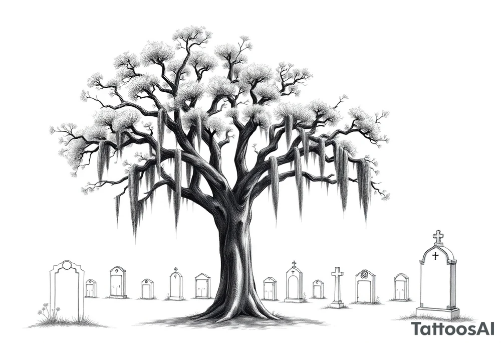 Oak tree with Spanish moss in a cemetery tattoo idea