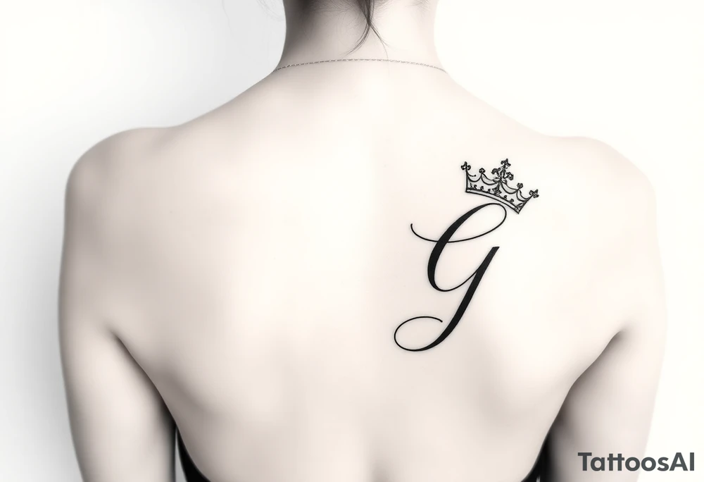 Capital G letter handwritten script with a crown tilted to the left on the front right shoulder tattoo idea