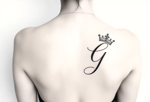 Capital G letter handwritten script with a crown tilted to the left on the front right shoulder tattoo idea