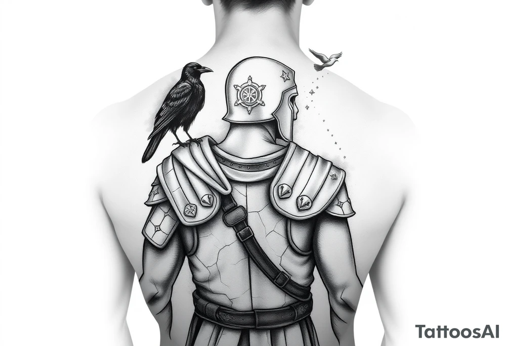 A black and grey tattoo sleeve design symbolizing silent battles and resilience. A worn gladiator with cracks in his armor stands tall, battle-weary but unbroken. Behind him, a shadowy figure represents the unseen struggles, partially obscured in mist. A single raven sits on his shoulder, symbolizing past darkness, while a faint dove soars above, representing faith and favor. Subtle tally marks blend into the background, representing victories no one sees. The design flows naturally with a balance of dark and light elements, blending realism with a slightly surreal feel. tattoo idea