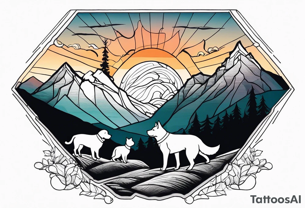 nature, sunset, mountains, a father and son hiking with their dog and cat and a cross tattoo idea