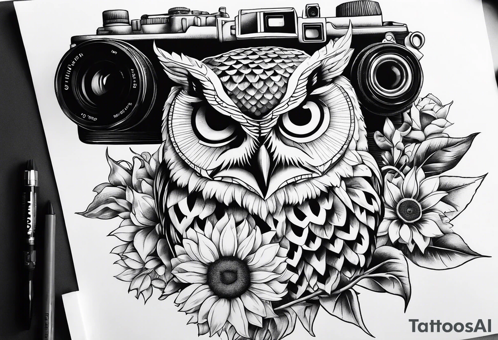 Sunflower, camera, book, owl tattoo idea
