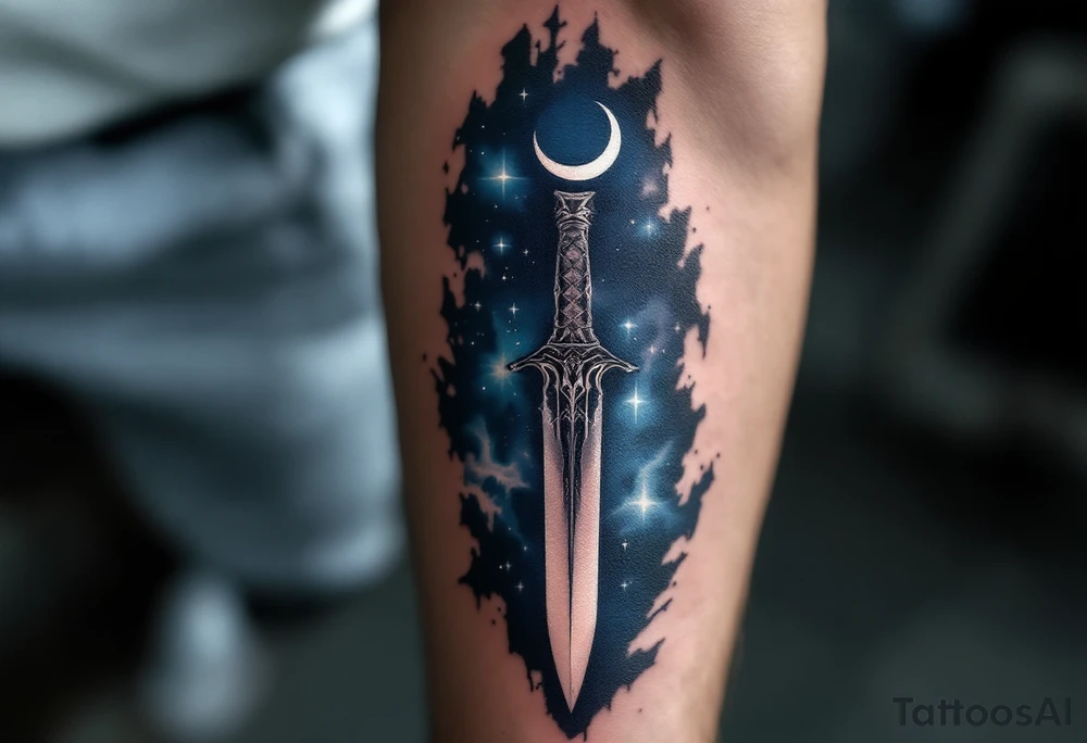Moonlit Dagger – A dagger with a crescent moon etched into the blade, the moon in soft white and the blade in dark gray with subtle silver highlights. The background is filled with soft blue tones, evoking a night sky. tattoo idea