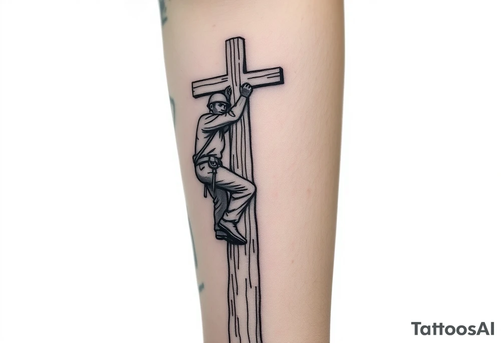 power lineman climbing a wooden 12kv pole. Make the pole a cross that has a hidden resemblance to god. tattoo idea