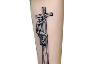 power lineman climbing a wooden 12kv pole. Make the pole a cross that has a hidden resemblance to god. tattoo idea