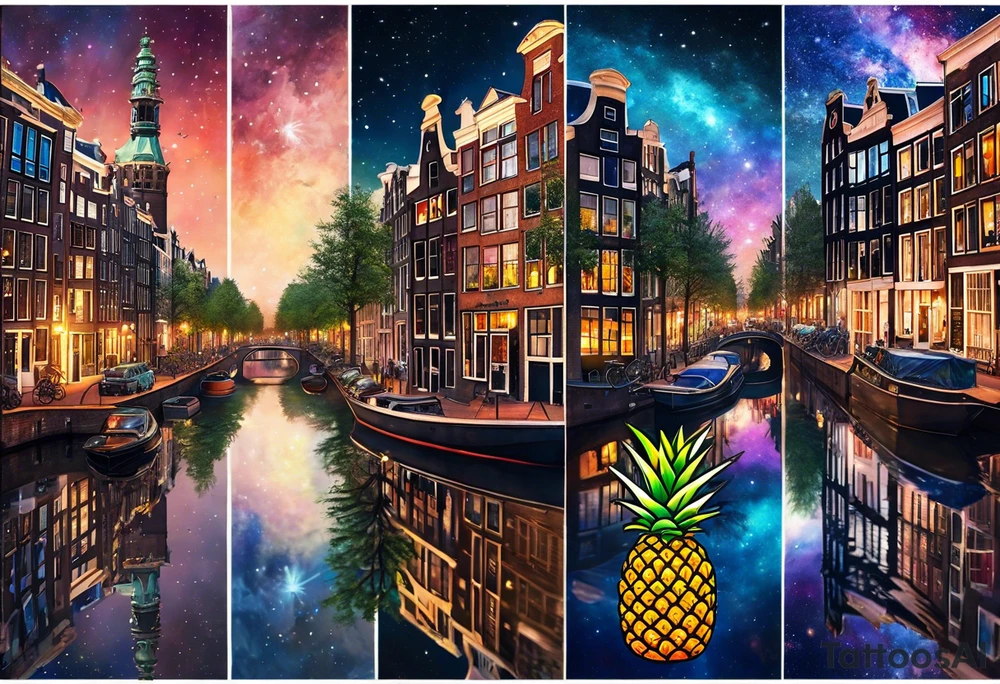 Wildlife in Amsterdam, pineapple stag, stag, Amsterdam buildings, Amsterdam canal, pineapples, pineapple trees, space, galaxy, galaxy colours tattoo idea