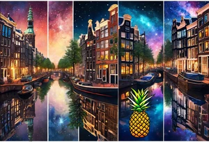 Wildlife in Amsterdam, pineapple stag, stag, Amsterdam buildings, Amsterdam canal, pineapples, pineapple trees, space, galaxy, galaxy colours tattoo idea