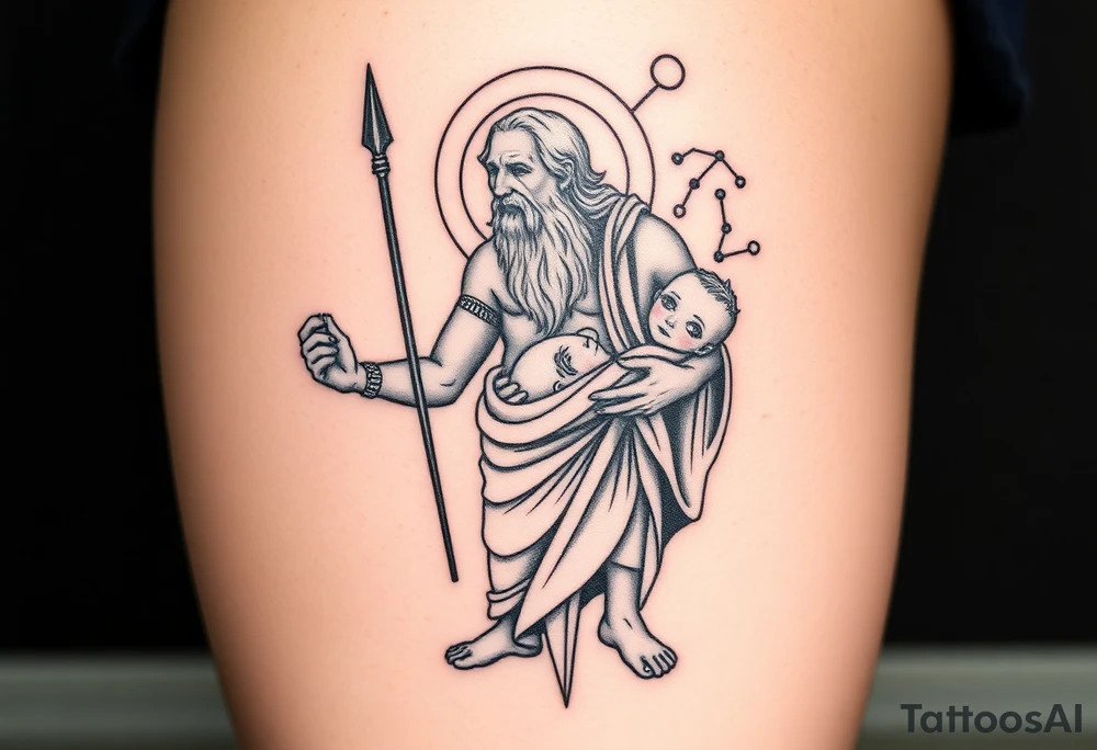 a tattoo design of the Greek God Saturn but older and nearly dying holding his spear, in his other arms cradling a twin dying younger version of himself. The gemini constellation is in the background behind the Saturn Gods. Long vertical form as this will be on a thigh - Incorperate the saturn astrology symbol tattoo idea