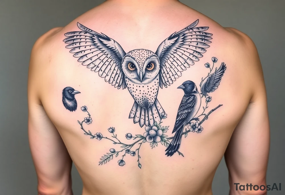 A british barn owl and 2 magpies, entwined by rowan tree berries and florals. In fineline and dotwork. The owl should be in flight. thigh tattoo tattoo idea