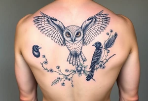 A british barn owl and 2 magpies, entwined by rowan tree berries and florals. In fineline and dotwork. The owl should be in flight. thigh tattoo tattoo idea