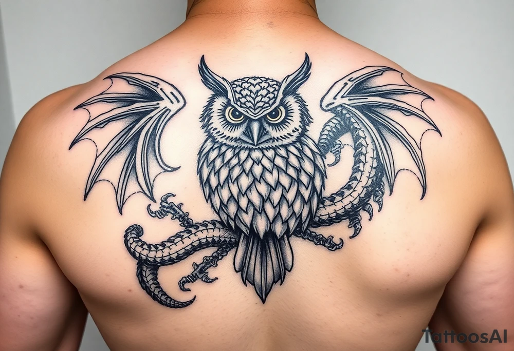 Magnetic owl surrounded by beautiful dragon tattoo idea