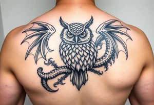 Magnetic owl surrounded by beautiful dragon tattoo idea