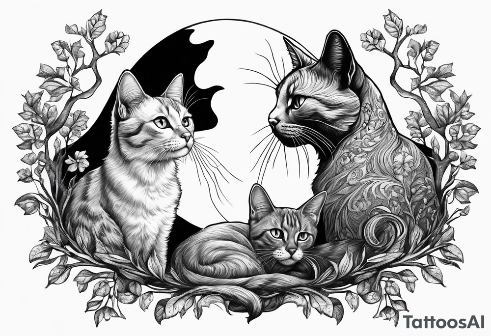 2 cats and crescent moon with trees tattoo idea