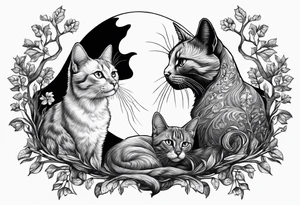 2 cats and crescent moon with trees tattoo idea