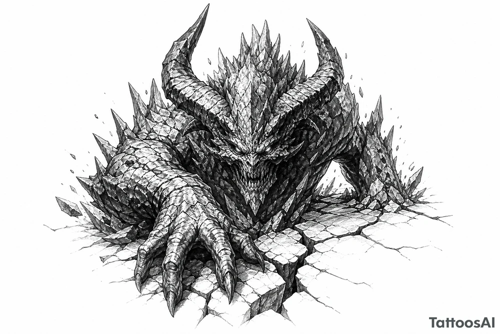 Ancient earth demon emerging from cracked, stony ground. tattoo idea