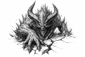 Ancient earth demon emerging from cracked, stony ground. tattoo idea