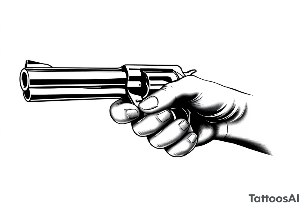 Actual size Revolver .45 caliber elegant but simple art work on gun. With fingers being the barrel and, butt of gun towards wrist. tattoo idea