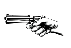 Actual size Revolver .45 caliber elegant but simple art work on gun. With fingers being the barrel and, butt of gun towards wrist. tattoo idea