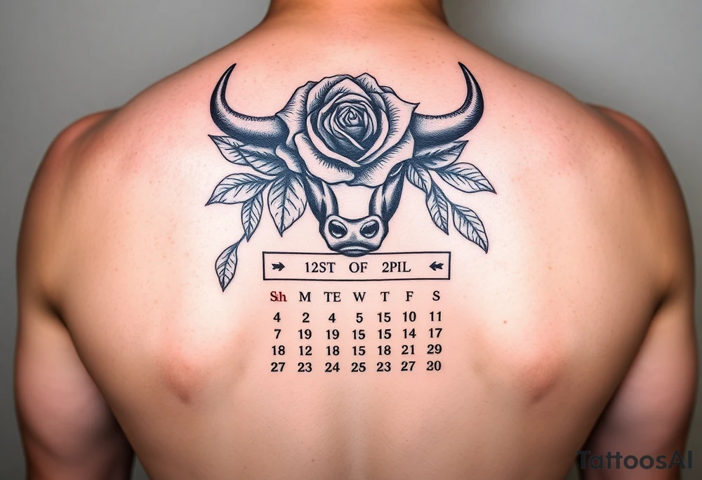 Calendar with the date 12th of April with a rose and a Spanish bull tattoo idea