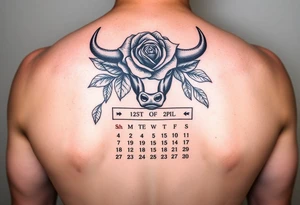 Calendar with the date 12th of April with a rose and a Spanish bull tattoo idea