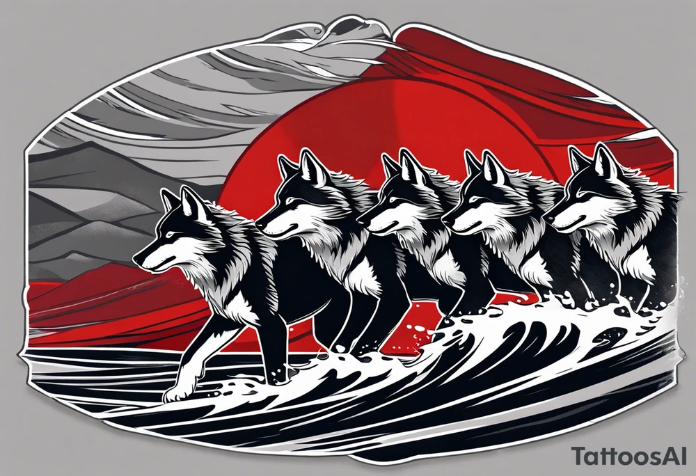 a pack of 3 howling muscular  gray wolves surfing waves with a linear background with red, white and black and gray including the word Howler in an aggressive script font tattoo idea