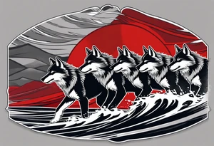 a pack of 3 howling muscular  gray wolves surfing waves with a linear background with red, white and black and gray including the word Howler in an aggressive script font tattoo idea