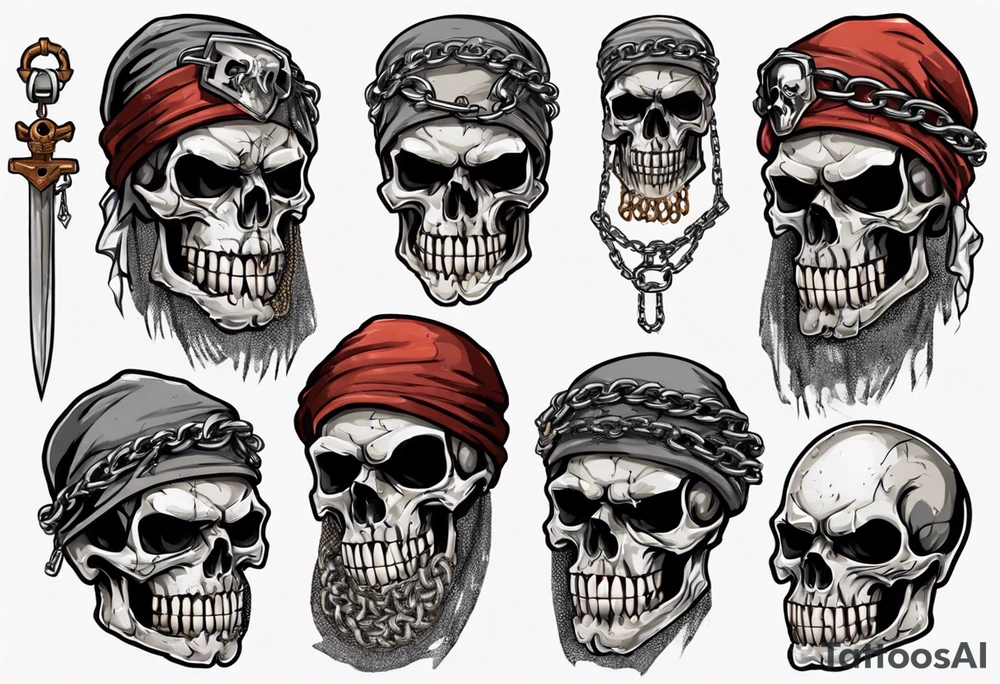 A skull with battered teeth and a chain mail head covering tattoo idea