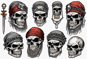 A skull with battered teeth and a chain mail head covering tattoo idea