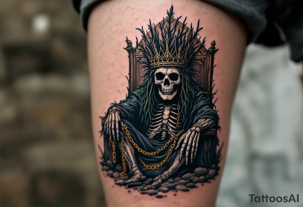 Drowned Pirate King – A skeletal pirate in a decayed, seaweed-covered crown, sitting on a barnacle-crusted throne at the bottom of the sea. His empty eye sockets  and broken golden chains dangle from his wrists. tattoo idea