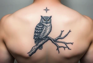 wise owl perched on ancient oak branch under starlit sky tattoo idea