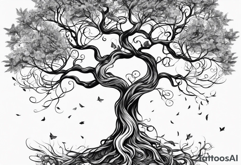 tree with long roots and branches tattoo idea