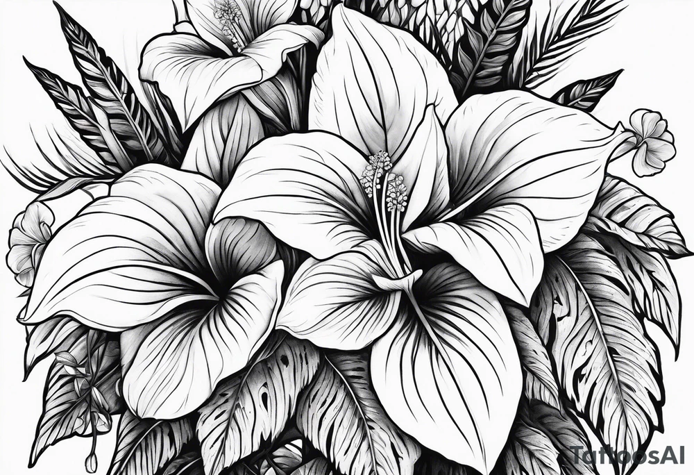 trillium flowers, sword fern, long style tattoo idea