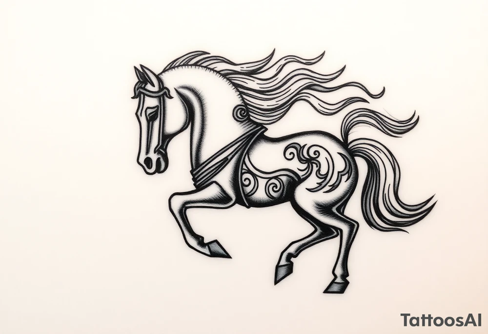 a knight of chess piece. it doesnt have legs, it's a chess piece. The knight piece is depicted in motion, slightly tilted forward as if it's charging or coming out of the shadows. The knight’s face is detailed but with a focus on the horse's strong features: its mane flowing in the wind, and the body etched with intricate details to represent strength and agility. The knight is emerging from a shadow, with the front part of the body illuminated in soft, warm light. The shadowed portions near the back and tail create a mystical aura. tattoo idea