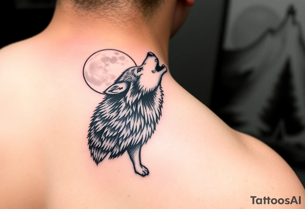 lone wolf howling at full moon with northern lights backdrop tattoo idea