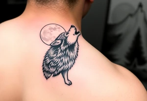 lone wolf howling at full moon with northern lights backdrop tattoo idea