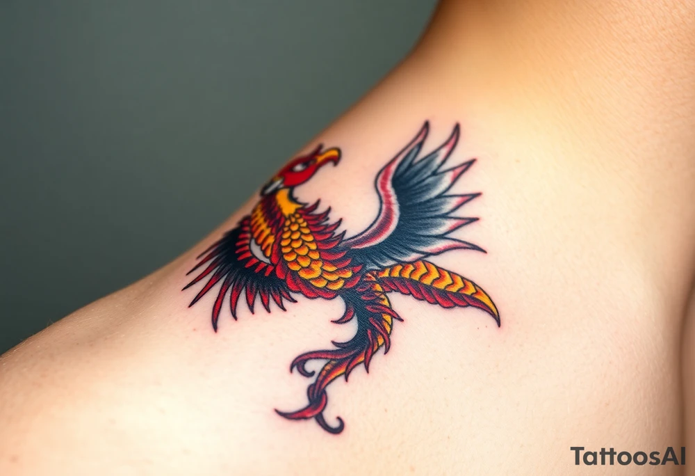 A phoenix and a dragon intertwined, one side fiery red and gold (good) and the other dark with shades of black and silver (evil), symbolizing transformation and balance tattoo idea